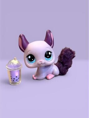 Littlest Pet Shop LPS Chinchilla #2415 with Fuzzy Tail and Drink Accessory